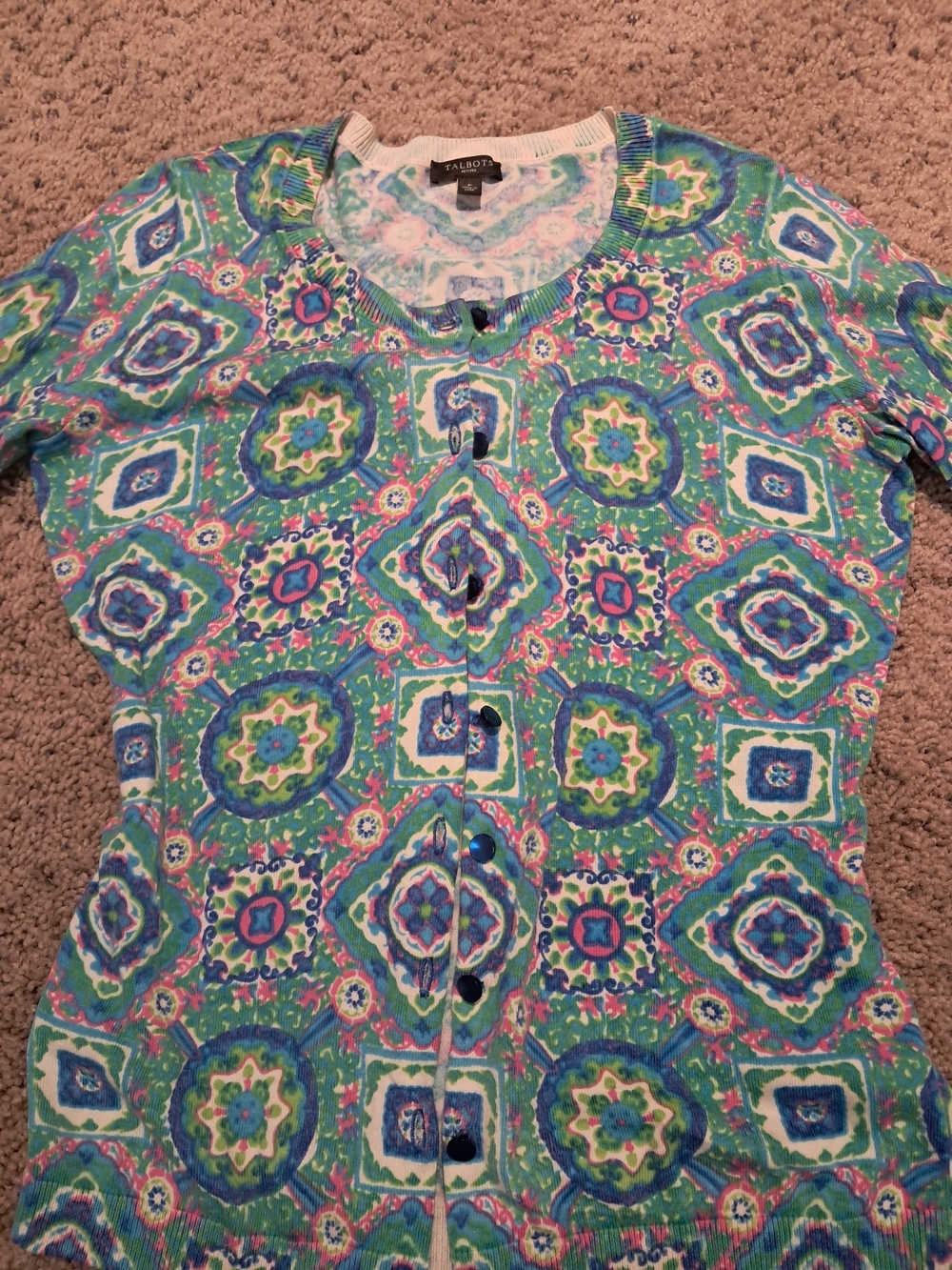Talbots Green Multi-Pattern 3/4-Sleeve Cardigan In Size P - Picture 8 of 11